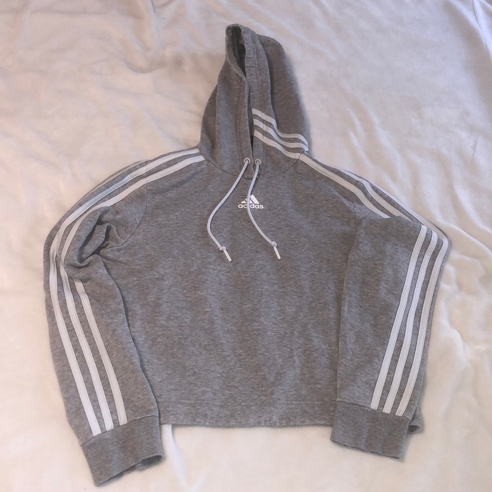 Grey Adidas three stripe crop hoodie
